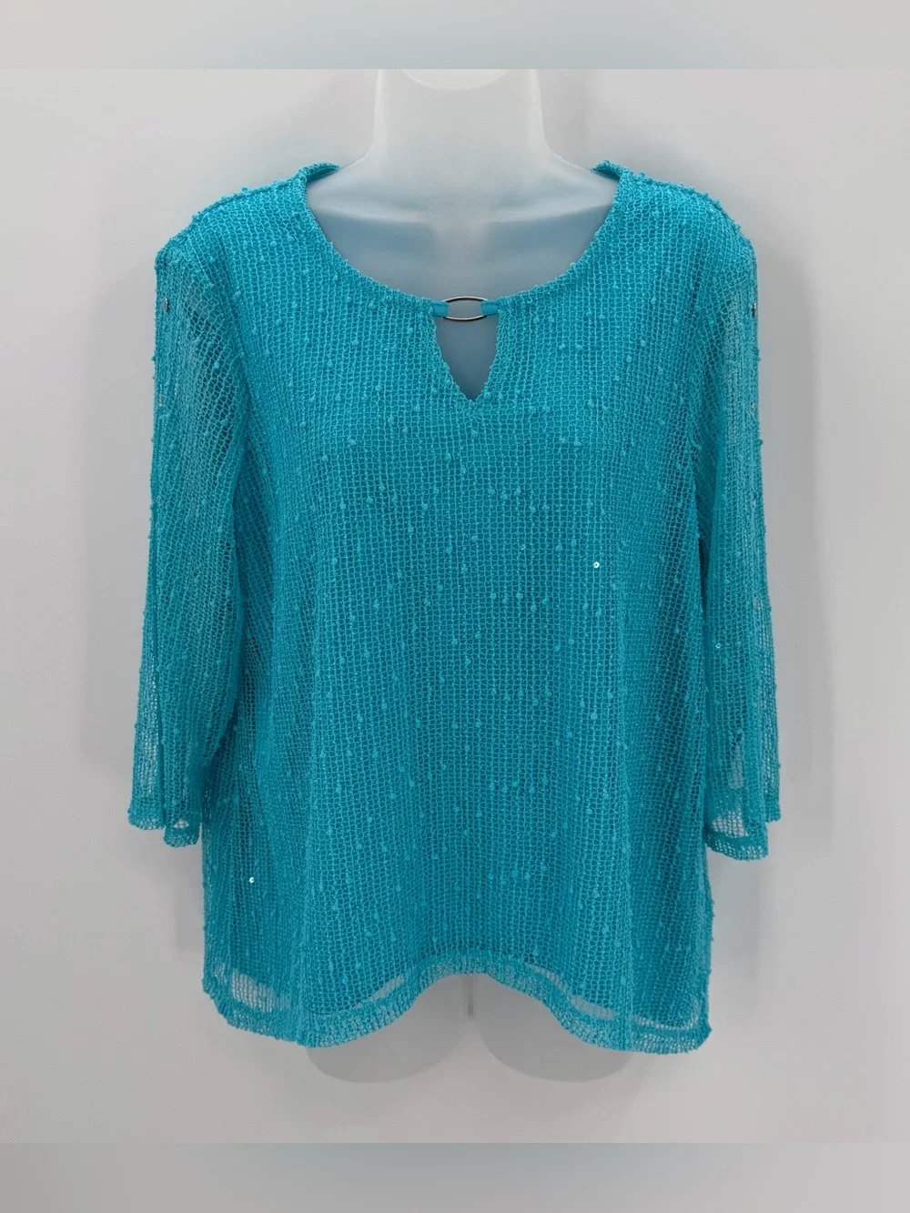 Alfred Dunner Top Women’s PM PETITE MEDIUM Turquoise 3/4 Slv Sharkbite Hem - Picture 1 of 11
